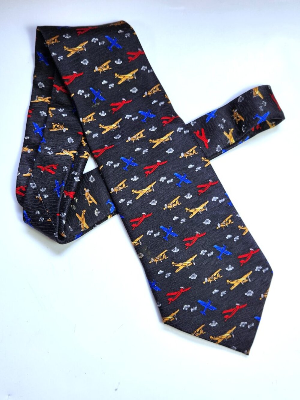 Vintage Museum Artifacts Airplane Necktie Blue 100% Silk Fighter Planes Men Tie